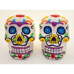Salt Pepper Shakers-Day Of The Dead-Mexican-Bright Colors-White-Red-Blue-Green
